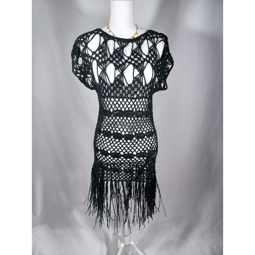 Love Sense Cover Up Womens Medium Green Crochet Fringe Sheer Beach Boho Festival